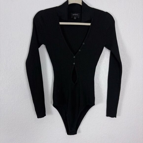 Bardot Black Ribbed Collared Henley Cutout Long Sleeve Cheeky Bodysuit Size Smal - Picture 1 of 9